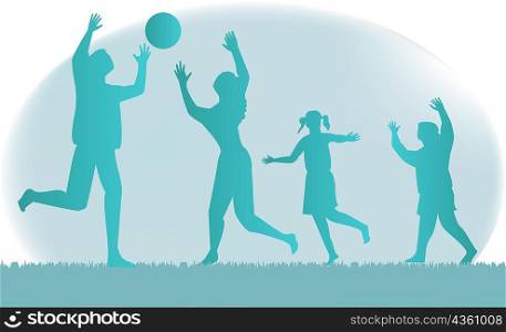 Parents with their son and daughter playing volleyball