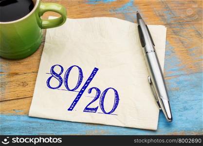 Pareto principle or eighty-twenty rule represented on a napkin with a cup of coffee - a reminder or advice