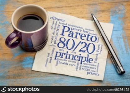 Pareto principle or eighty-twenty rule - word cloud on a napkin with a cup of coffee