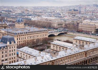 Paris aerial view and the Seine river, France. aerial view of Paris and Seine river