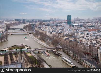 Paris aerial view and the Seine river, France. aerial view of Paris and Seine river