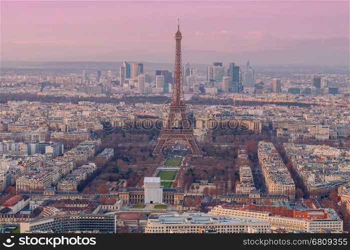 Paris. Aerial view of the city.. Aerial view of Paris from the height of the Montparnasse Tower at sunset.