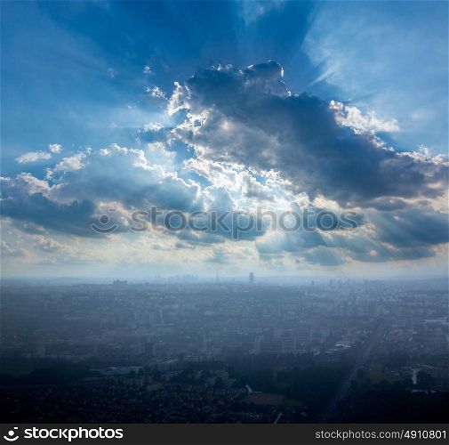 Paris aerial view on foggy day with Eiffel tower at background