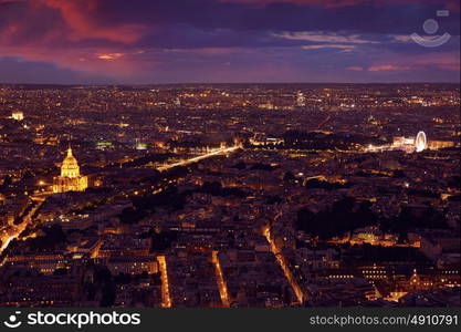 Paris city aerial sunset at France