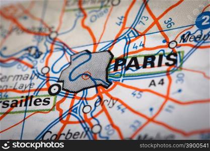 Paris city on a road map