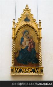 PARIS, FRANCE - February 15, 2018: Antique orthodox icon painted. PARIS, FRANCE - February 15, 2018: Antique orthodox icon painted on wooden board in art gallery in Louvre Museum. Louvre Museum is one of the largest and most visited museums worldwide