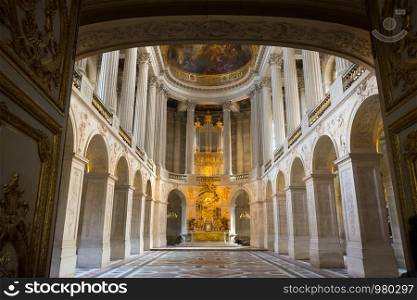 PARIS, FRANCE JANUARY 15, 2015: Hall of Mirrors, interior of Versailles palace, France.