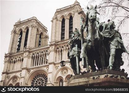 Paris, France, Notre Dame de Paris facade, close-up sculpture