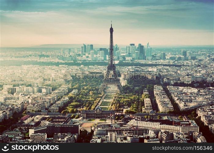 Paris, France vintage skyline, panorama. View on Eiffel Tower, Ch&de Mars and La Defense . Paris, France vintage skyline, panorama. Eiffel Tower, Ch&de Mars