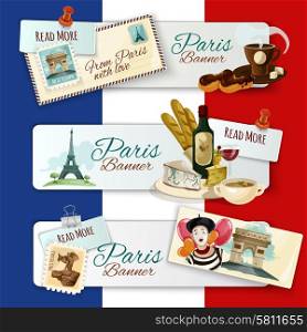Paris horizontal banners set with touristic elements and postcards on flag background isolated vector illustration. Paris Touristic Banners