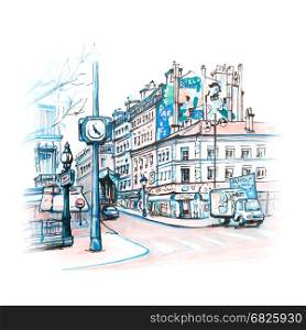 Paris in the winter morning, France. Paris street with traditional houses, cafes and lanterns, Paris, France. Picture made markers