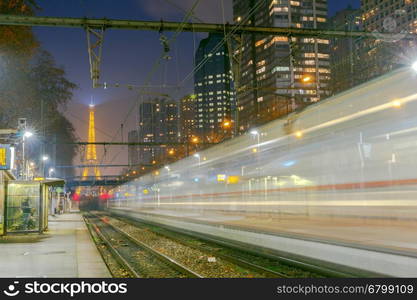 Paris. Metro station.. Paris subway station with speeding train blur. France.