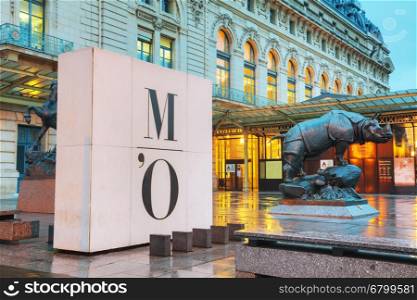 PARIS - NOVEMBER 5: Rhino sculpture at D'Orsay museum on November 5, 2016 in Paris, France. The Musee d'Orsay is a museum in Paris, on the left bank of the Seine.