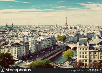 Paris panorama, France. View on Eiffel Tower and Seine river from Notre Dame Cathedral. Vintage, retro style