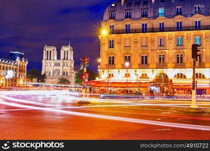 Paris Place de Saint Michel St sunset with Notre Dame at France