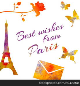Paris. Set of watercolor objects. Tower, rose, letter, envelope etc.. Paris. Set of watercolor objects. Tower, rose, letter, envelope. best wishes from Paris For postcards decoration