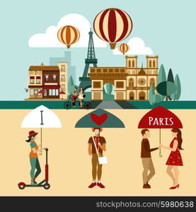 Paris touristic set. Paris touristic set with famous landmarks and tourist people vector illustration