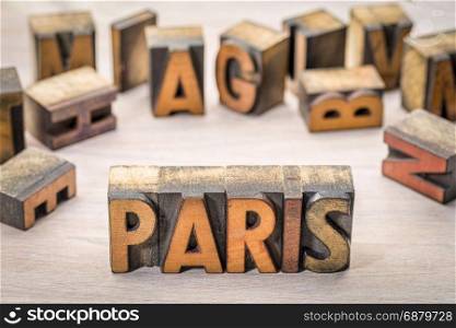 Paris word abstract in vintage letterpress wood type printing blocks