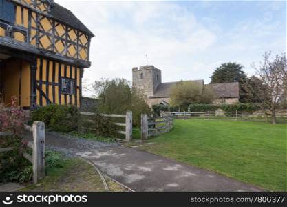 Parish church by gatehouse to Stokesay castle in Shropshire