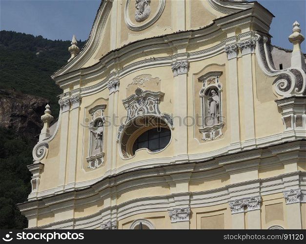 Parish Church in Quincinetto. Baroque parish church of Gesu risorto o SS Salvatore (meaning Church of Resurrected Jesus or Most Holy Saviour) in Quincinetto, Italy