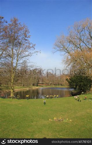 park and pond near a crematorium, places of worship where ash is spread