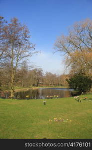 park and pond near a crematorium, places of worship where ash is spread