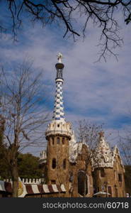 Park Guell in Barcelona, Spain.. Park Guell, populart tourit attraction in Barcelona, Spain.