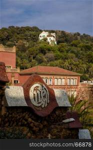Park Guell in Barcelona, Spain.. Park Guell, populart tourit attraction in Barcelona, Spain.