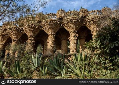 Park Guell in Barcelona, Spain.. Park Guell, populart tourit attraction in Barcelona, Spain.