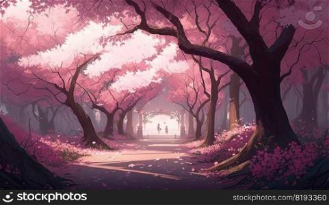 park many pink sakura trees. nature spring, background cherry, beautiful blossom, bloom blooming, flower landscape park many pink sakura trees ai generated illustration. park many pink sakura trees ai generated
