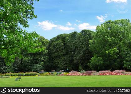Park with lawns and flower beds for walks and rest