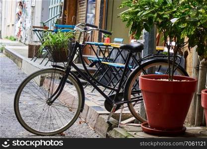 parked bicycle on the narrow street of Istanbul. bike parked on the street
