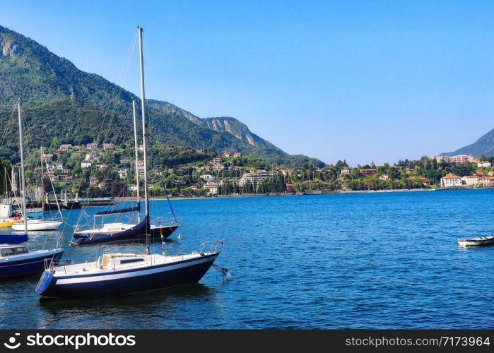 Parked yachts and boats on lake Como