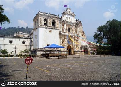 Parking lot and facade of San Fransisco church in Antigua Guatemala
