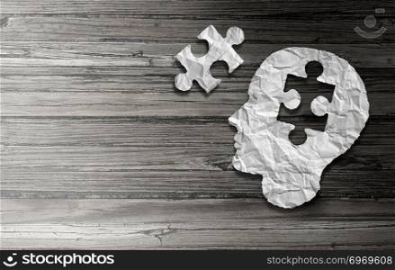 Parkinson disease and parkinson&rsquo;s disorder symptoms as a human head made of crumpled paper with a missing jigsaw puzzle representing elderly degenerative neurology illness in a 3D illustration style.