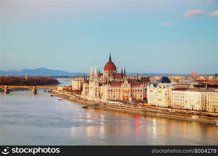 Parliament building in Budapest, Hungary at sunset