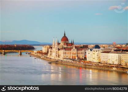 Parliament building in Budapest, Hungary at sunset