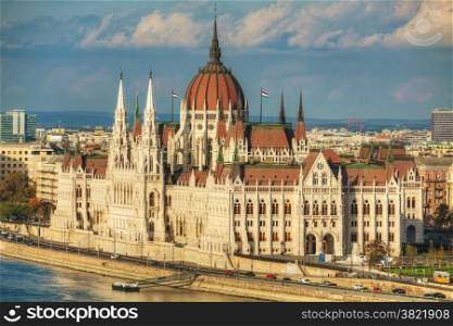Parliament building in Budapest, Hungary on a cloudy day