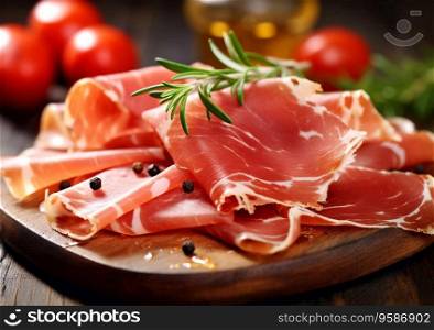 Parma ham slices with rosemary on chopping board.AI Generative.