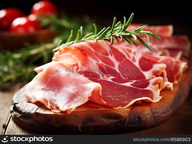 Parma ham slices with rosemary on chopping board.AI Generative.