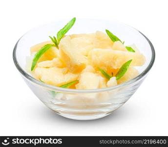 Parmesan cheese pieces in glass bowl isolated on white background. Parmesan cheese pieces in glass bowl on white background