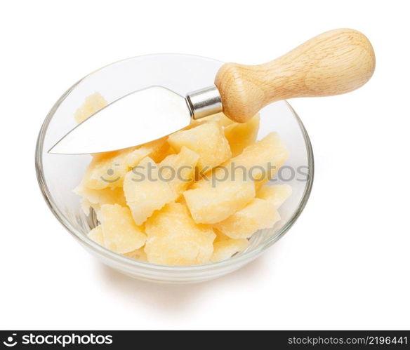 Parmesan cheese pieces in glass bowl isolated on white background. Parmesan cheese pieces in glass bowl on white background