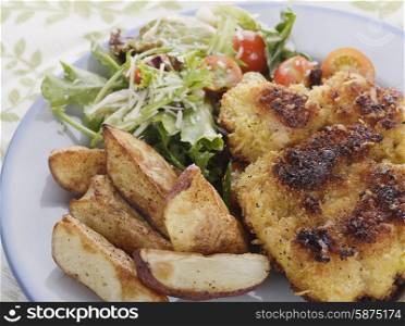 Parmesan-Crusted Chicken with Potatoes and Salad