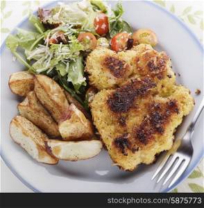 Parmesan-Crusted Chicken with Potatoes and Salad