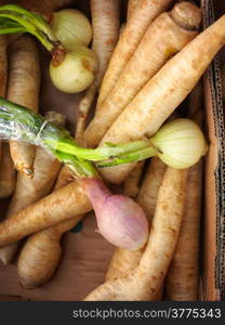 parsley roots and onions in market place as background