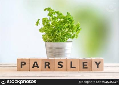 Parsley sign on a table with fresh herbs