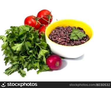 parsley, tomatoes, garden radish and plate with crude haricot, a subject products, vegetables
