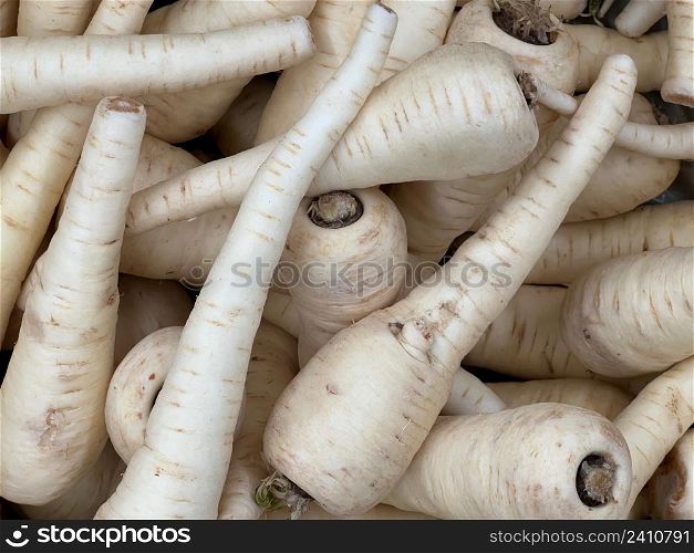 Parsnips for sale on a market stall. The parsnip (Pastinaca sativa) is a root vegetable closely related to carrots and parsley