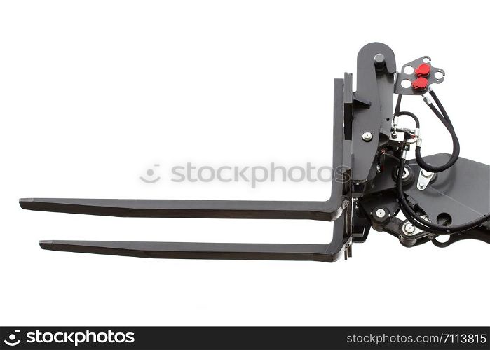 Part and detail of forklift loader or stacker on white background, technology. Part of forklift loader or stacker on white background, technology