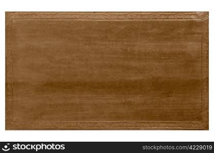 Part of a brown woodboard texture with floral motivs frame isolated on white background.